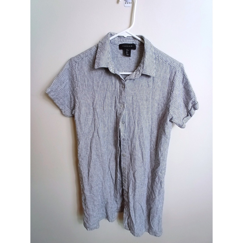 Tahari Shirt Tunic Women S Grey Excellent Pinstripe Linen Blend Short Sleeve